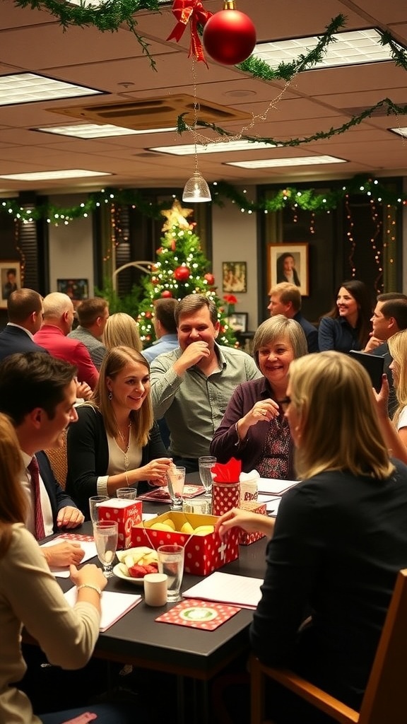 Office employees enjoying Christmas games during a festive party.